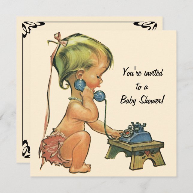 Vintage Kinderdusche, Niedliche Girl-Talk am Telef Einladung (Vorne/Hinten)