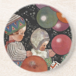 Vintage Kindergeburtstagsfeier, Luftballons und Sp Sandstein Untersetzer