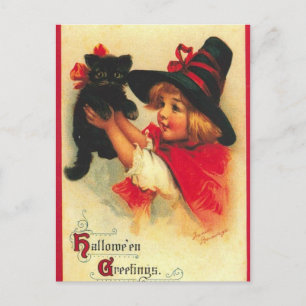 Vintage Kinderhexe und schwarze Katze Postkarte