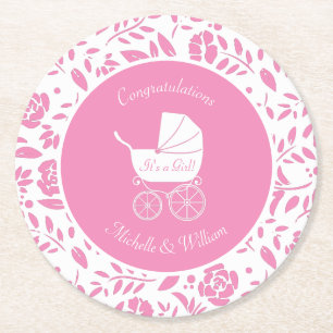 Vintage-Kinderwagen-Baby-Party Süße rosa Mädchen Runder Pappuntersetzer