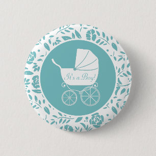 Vintage-Kinderwagen-Baby-Party Süßer blauer Junge Button