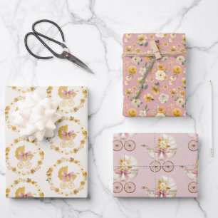 Vintage-Kinderwagen Floral Pink Baby Shower Geschenkpapier Set