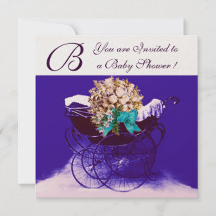 VINTAGE-KINDERWAGEN MIT BLUMEN BABY-SPRITZE MONOGR EINLADUNG