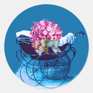 VINTAGE-KINDERWAGEN MIT BLUMEN BABY-SPRITZE RUNDER AUFKLEBER