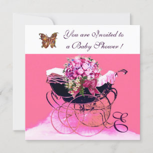 VINTAGE-KINDERWAGEN MIT BLUMEN, SCHMETTERLINGE BAB EINLADUNG