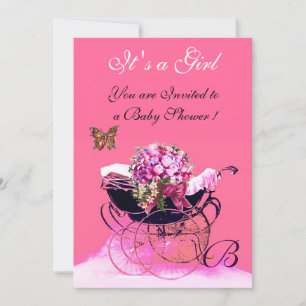 VINTAGE-KINDERWAGEN MIT BLUMEN, SCHMETTERLINGE BAB EINLADUNG