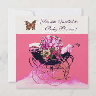 VINTAGE-KINDERWAGEN MIT BLUMEN, SCHMETTERLINGE BAB EINLADUNG