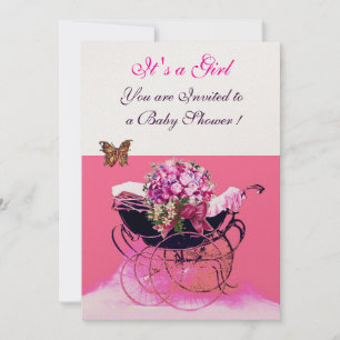 VINTAGE-KINDERWAGEN MIT BLUMEN, SCHMETTERLINGE BAB EINLADUNG