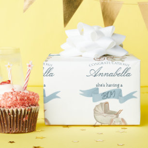 Vintage Kinderwagen und blauer Hase Baby Junge Geschenkpapier