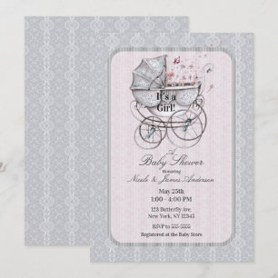 Vintage Kinderwagen Weiß Spitze Rosa Babyparty Einladung
