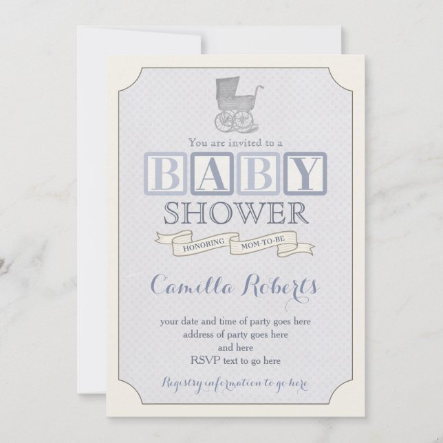 Vintage Kinderwagendusche oder Sprinkleranlage, Ju Einladung (Vorderseite)