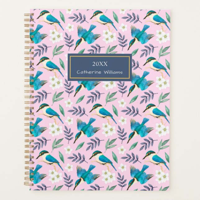 Vintage Kingfisher Birds Floral Rosa Muster Name Planer (Vorderseite)