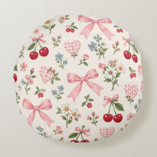 Vintage-Kirsch-Schleifen-Blumen-Stoffmuster Rosa Rundes Kissen