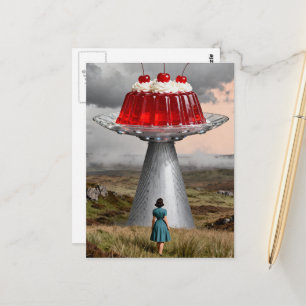 Vintage-Kirsch-UFO-surrealer Süßigkeiten Postkarte