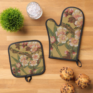 Vintage Kirschblüten Asiatische Japanische Blumen Ofenhandschuh & Topflappen-Set