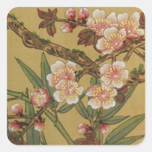 Vintage Kirschblüten Asiatische Japanische Blumen Quadratischer Aufkleber
