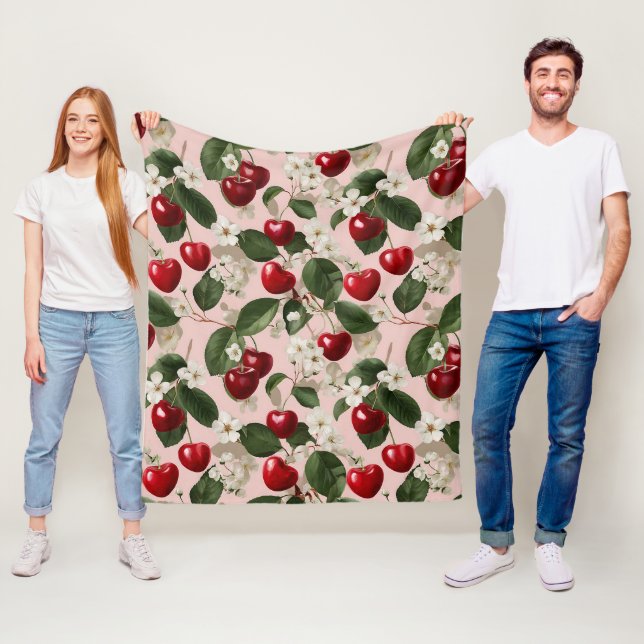 Vintage-Kirschblüten-Botanik-Rosa-Rot-Muster Fleecedecke (Beispiel)
