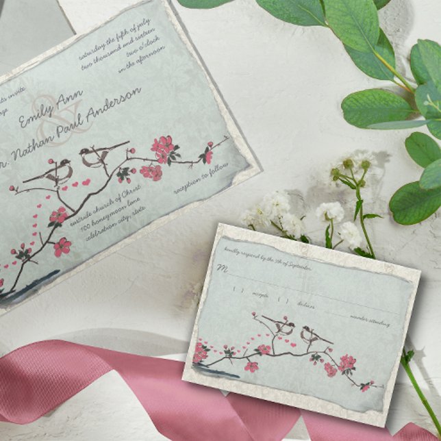 Vintage Kirschblüten & Chickadee Damask UAWG RSVP Karte (Von Creator hochgeladen)