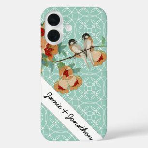 Vintage-Kirschblüten-Liebesvogel-Pfirsich-Minze iPhone 16 Hülle