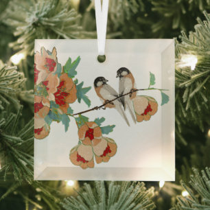 Vintage Kirschblüten-Liebesvogel Pfirsich-Minze Ornament Aus Glas