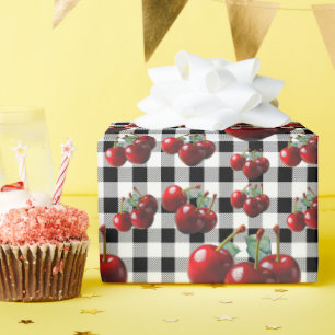 Vintage-Kirschen Schwarz-Weiß-Gingham Geschenkpapier
