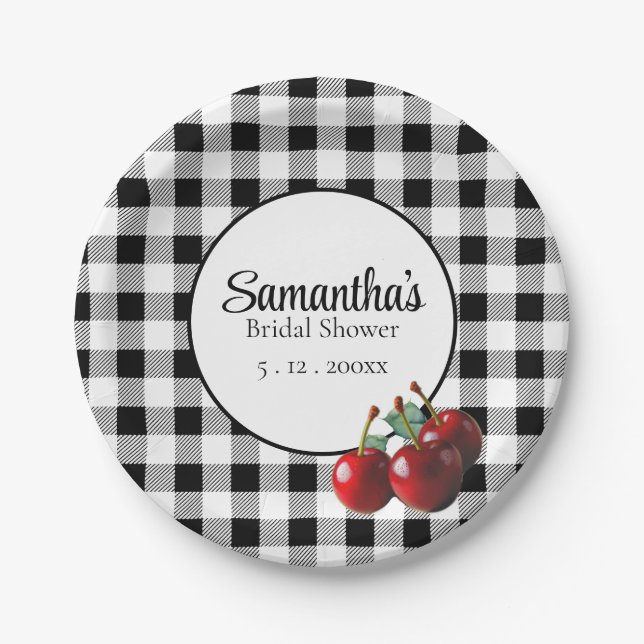 Vintage-Kirschen schwarz weiß Gingham Pappteller (Vorderseite)