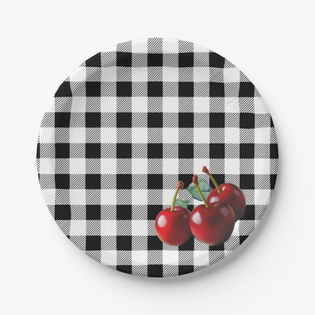 Vintage-Kirschen Schwarz-Weiß-Gingham Pappteller (Vorderseite)