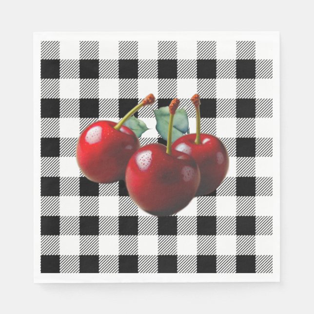 Vintage-Kirschen schwarz weiß Gingham Serviette (Vorderseite)