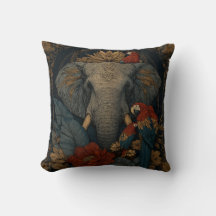 Vintage-Kissen mit Elefant und Papagei im botanisc