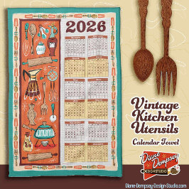 Vintage Kitchen Utensils Calendar Towel 2026 Geschirrtuch