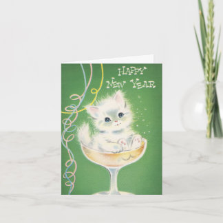Vintage Kitten Cat New Years Card Cheers Feiertagskarte