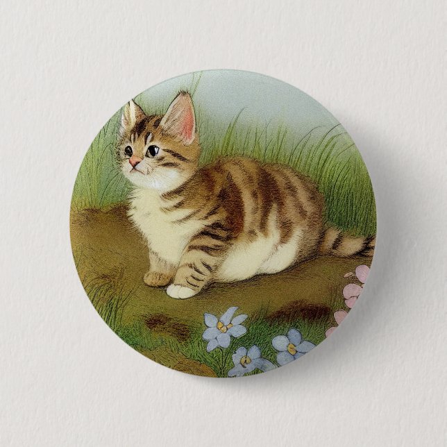 Vintage Kitten Illustration mit Blume Button (Vorderseite)