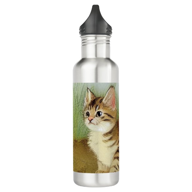 Vintage Kitten Illustration mit Blume Edelstahlflasche (Links)