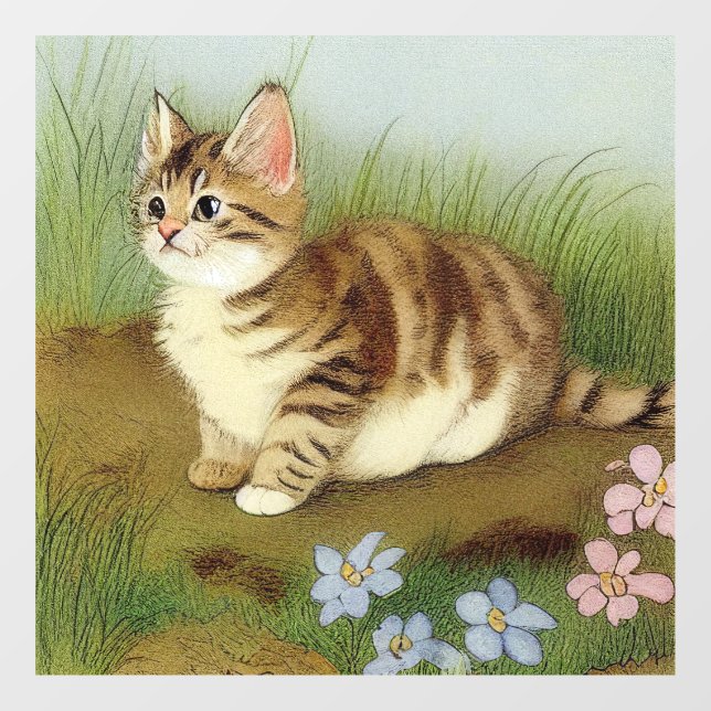 Vintage Kitten Illustration mit Blume Fensteraufkleber (Blatt)