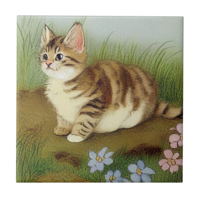 Vintage Kitten Illustration mit Blume Fliese (Vorderseite)