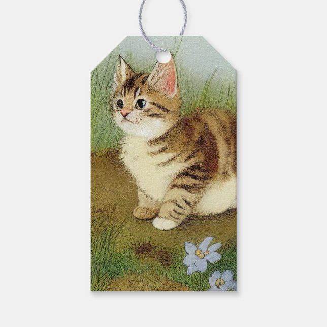 Vintage Kitten Illustration mit Blume Geschenkanhänger (Vorderseite)