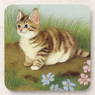 Vintage Kitten Illustration mit Blume Getränkeuntersetzer