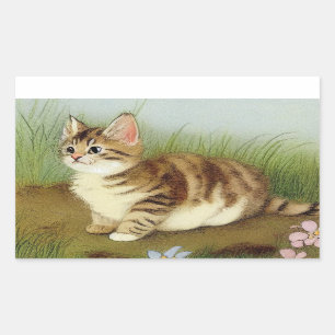 Vintage Kitten Illustration mit Blume Rechteckiger Aufkleber