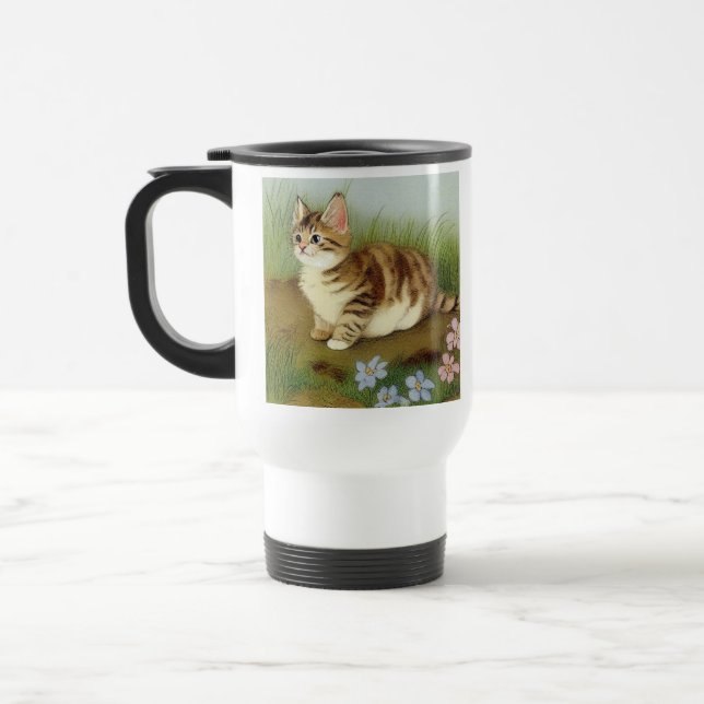 Vintage Kitten Illustration mit Blume Reisebecher (Links)