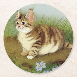 Vintage Kitten Illustration mit Blume Runder Pappuntersetzer