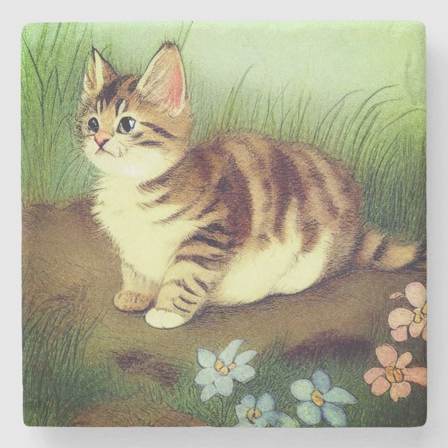 Vintage Kitten Illustration mit Blume Steinuntersetzer (Vorderseite)