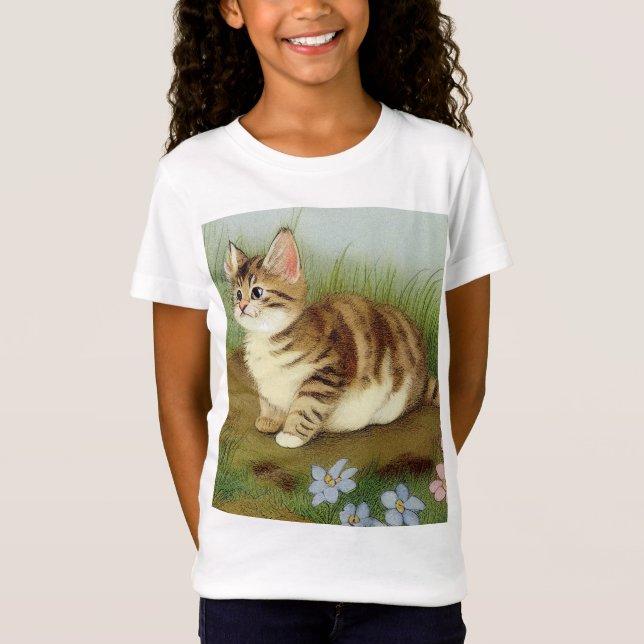 Vintage Kitten Illustration mit Blume T-Shirt (Vorderseite)