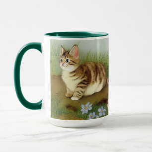 Vintage Kitten Illustration mit Blume Tasse