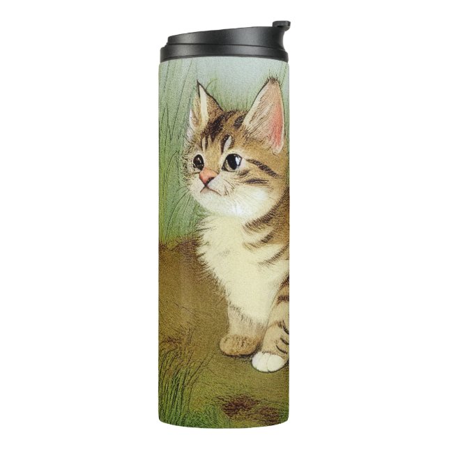 Vintage Kitten Illustration mit Blume Thermosbecher (Nach links gedreht)