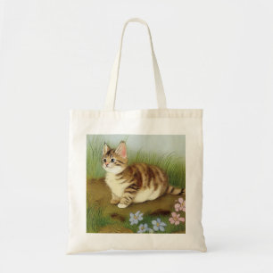 Vintage Kitten Illustration mit Blume Tragetasche