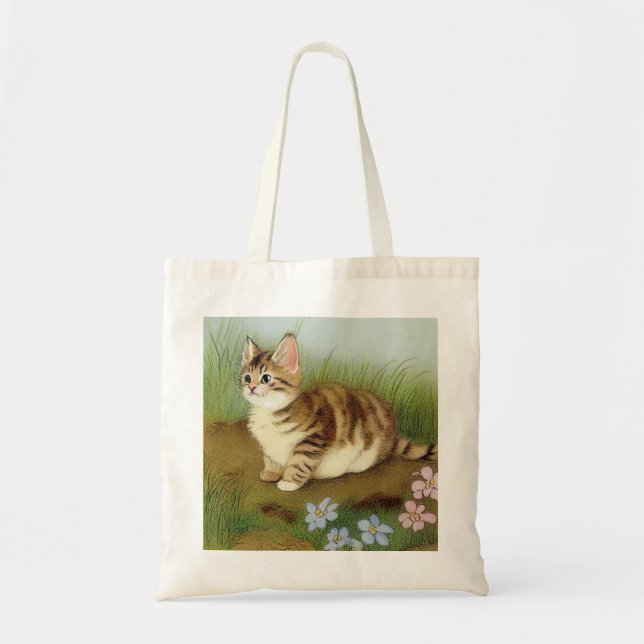 Vintage Kitten Illustration mit Blume Tragetasche (Vorne)