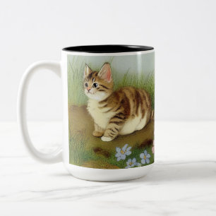 Vintage Kitten Illustration mit Blume Zweifarbige Tasse