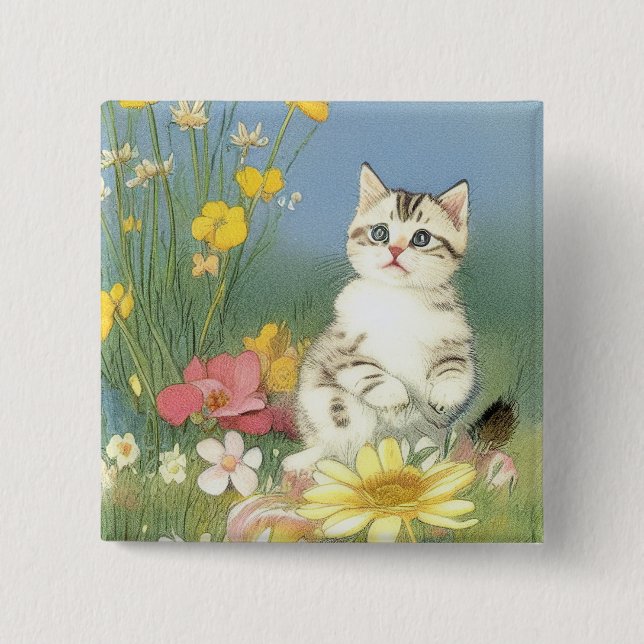 Vintage Kitten Illustration mit gelben Blumen Button (Vorderseite)