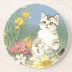 Vintage Kitten Illustration mit gelben Blumen Getränkeuntersetzer