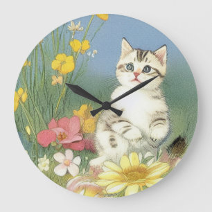 Vintage Kitten Illustration mit gelben Blumen Große Wanduhr
